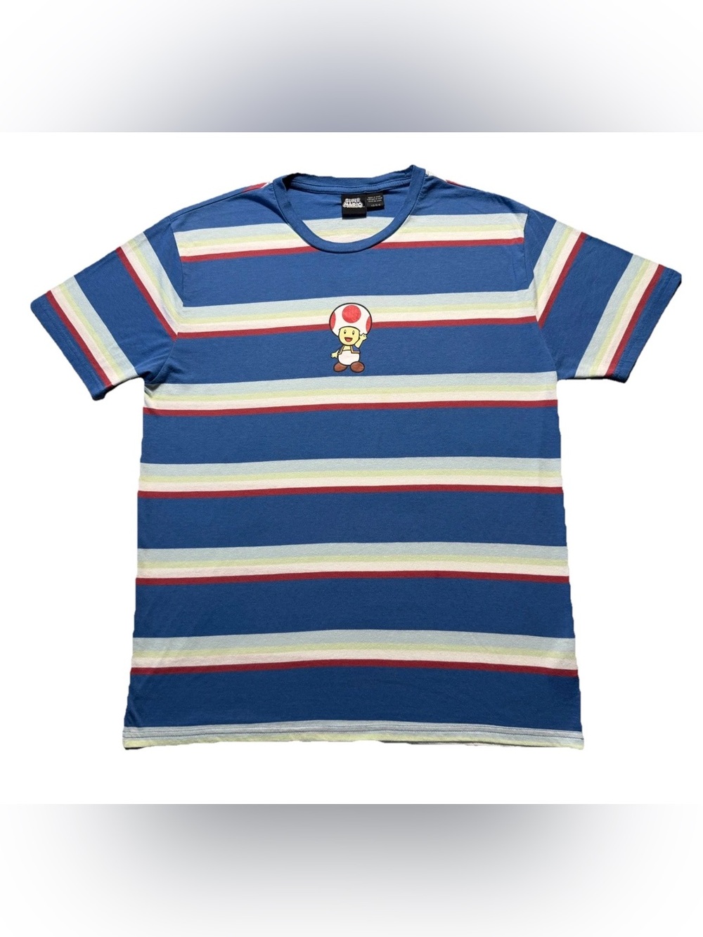 Nintendo Super Mario Bros Toad Blue Striped T‑Shirt Men’s Large Gamer Tee